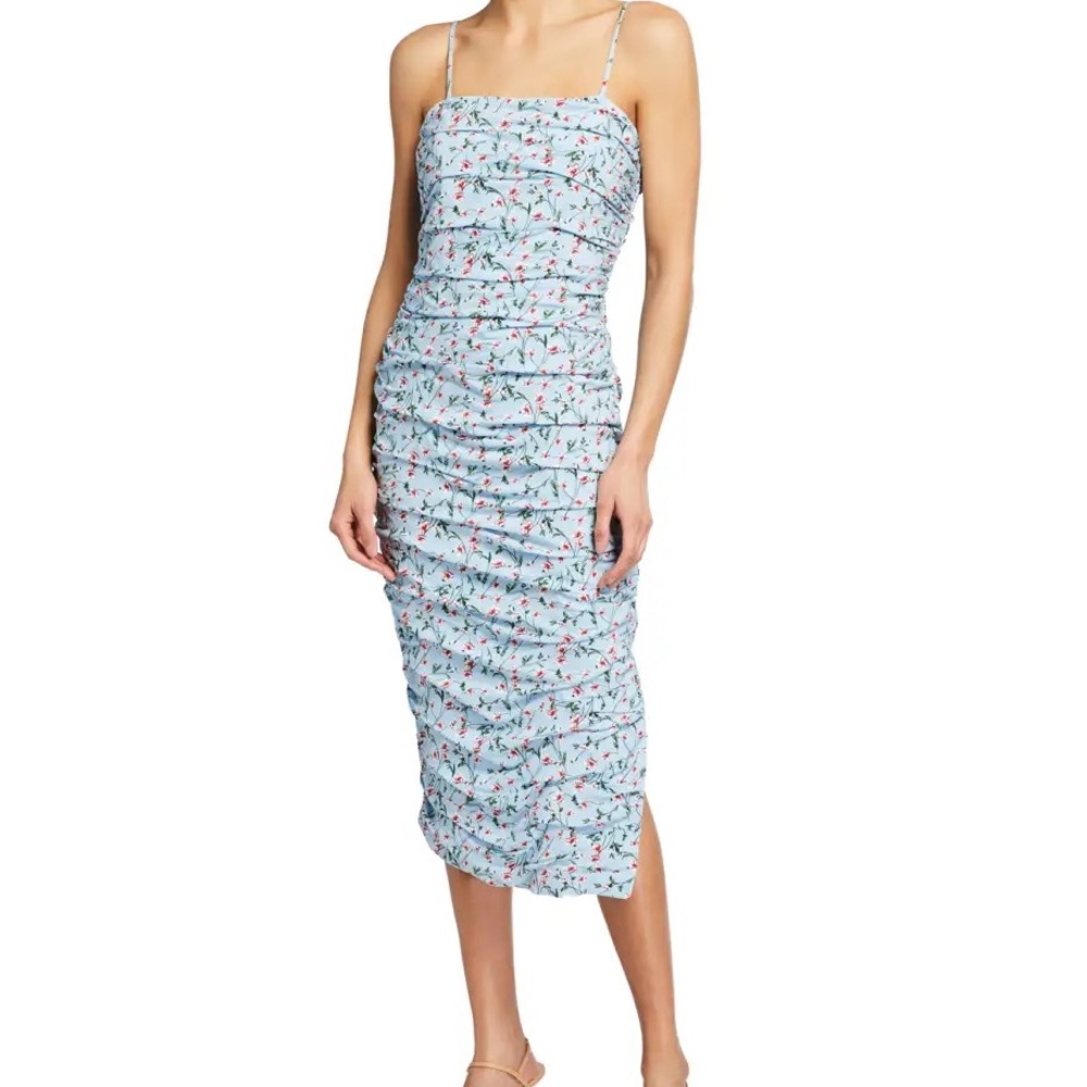 Bardot Ruched Floral Midi Dress in Sky Roses